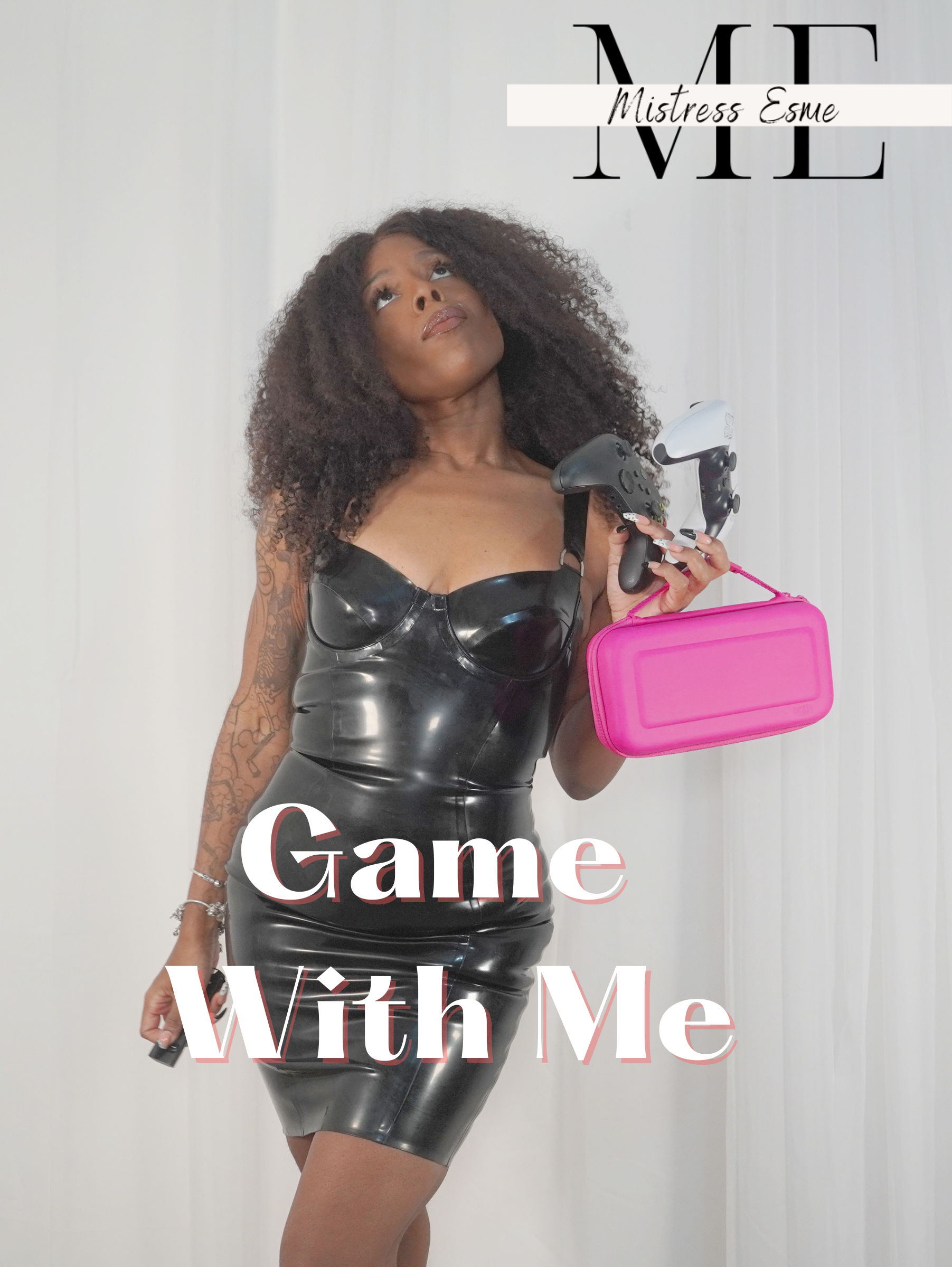 Mistress Esme is dressed in a black latex dress holding a Nintendo Switch, PS% & Xbox X controller too show that you can game with her on multiple platforms.